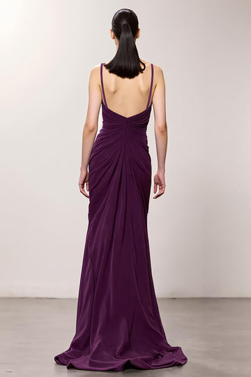 Purple Spaghetti Straps Ruched Evening Dress with Slit
